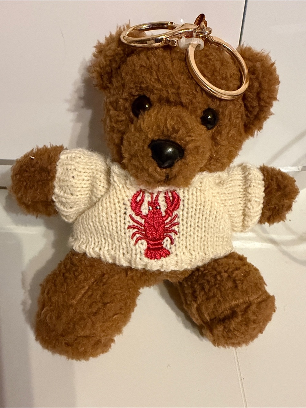 Brown Teddy Bear Keychain with Cream Sweater and Red Lobster - Picture 3 of 3